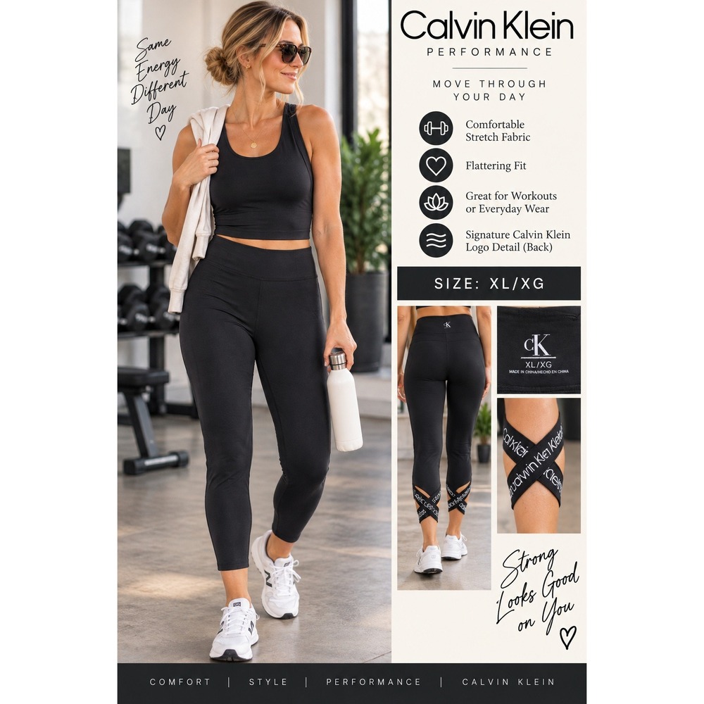 Calvin Klein Performance Women Black Logo Lattice Hem Cropped Leggings XL